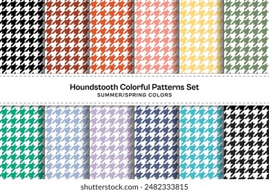 Houndstooth Seamless Pattern Set with Summer Spring Color Trends 2024. Colorful Repeated Hound Tooth Tweed Texture Background Collection. Dogstooth Geometric Checkered Plaid Vector Graphic.