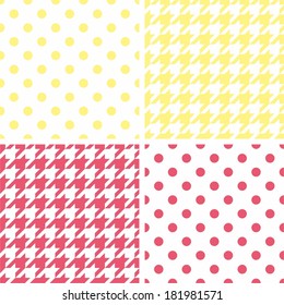Houndstooth seamless vector pastel yellow, pink and white pattern set. Tweed fashion background with retro sunny tartan woven for desktop wallpaper or website design