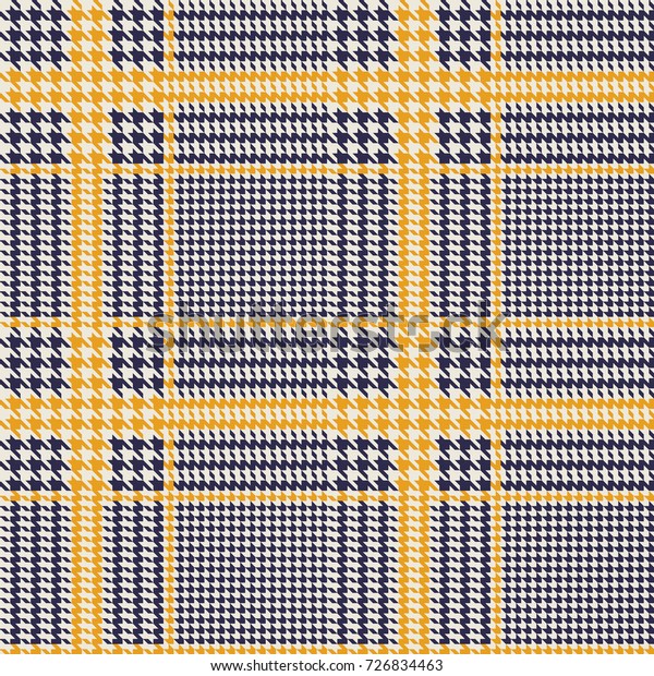 Hounds Toothのシームレスなベクター画像パターン 濃い青と鈍い黄色の幾何学的な印刷 ファッションデザインのクラシック英語の背景にグレンプレイド グレンルクハートチェック のベクター画像素材 ロイヤリティフリー