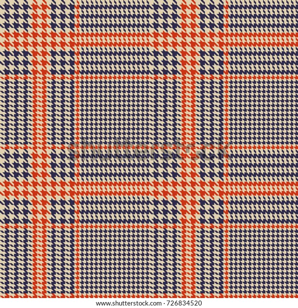 Hounds Toothのシームレスなベクター画像パターン 暗い青 オレンジ ベージュ色の幾何学的な印刷 ファッションデザインのクラシック英語の背景にグレンプレイド グレンルクハートチェック のベクター画像素材 ロイヤリティフリー