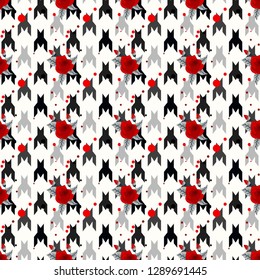 Hounds-tooth seamless vector patternwit red flower. Geometric print in black and white color . Classical English background Glen plaid Glenurquhart check for fashion design. eps 10