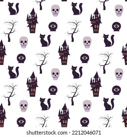 hounted house, black cat, dry wood and skull. scary halloween seamless pattern 