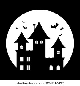 Hounted house with full white moon. Halloween concept. Flat design vector illustration.