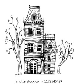 Hounted House. Old House. Halloween. Hand Drawn Sketch Illustration. Vector