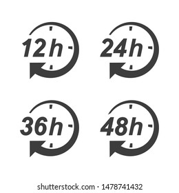 Hour Clock Arrow Vector Icon. 12h, 24h, 36h, And 48h Shipping Time On Progress