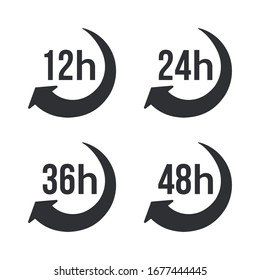 Hour clock arrow vector icon. 12h, 24h, 36h, and 48h shipping time on progress