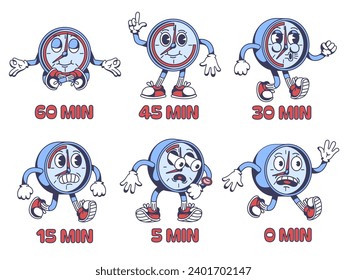 Hour countdown timer. 60 minutes left with rushing clock 1930s cartoon mascot character vector illustration set of countdown clock timer 45, 30 minute