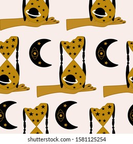 hour glass with hands an moon, in a seamless pattern design, perfect to use on the web or in print