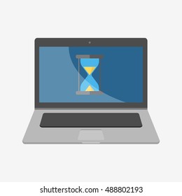 Hour glasses on screen. Wait for it. Waiting time. Laptop vector illustration icon. Flat design style.Laptop icon. macbook, mac, imac, apple. Laptop vector. Apple vector. Macbook vector. Mac icon. 