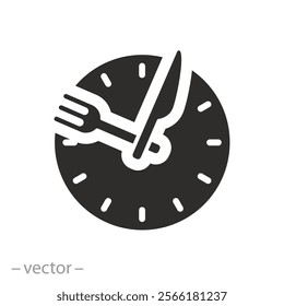 hour healthy food, time eat lunch icon, diet fast concept, break meal, clock with fork knife, flat vector illustration