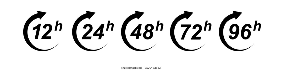 Icono de la hora 12, 24, 48 y 72 horas de flecha del reloj. Servicio rápido Efecto de tiempo de trabajo o iconos de tiempo de servicio de entrega Signo de 24 horas. Vector