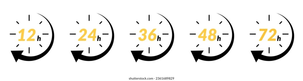 Hour icon with 12 and 24 clock formats, for 48h or 72h fast delivery and special day sales. Includes timer, arrow, and open effects. Flat vector illustrations isolated in background.