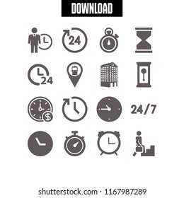 hour icon. 16 hour vector set. train satation location, hours, building tower like tall house and pedestrian icons for web and design about hour theme