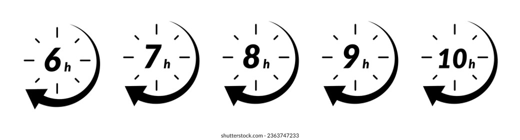 Hour icon with 6 and 7 clock formats, for 9h or 8h fast delivery and special day sales. Includes timer, arrow, and open effects. Flat vector illustrations isolated in background.