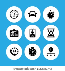 hour icon. 9 hour set with time, hours phone service, meter and traffic vector icons for web and mobile app