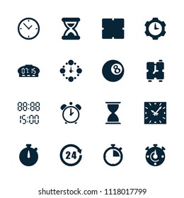 Hour icon. collection of 16 hour filled icons such as clock, 24 hours, hourglass, wall clock, digital time, alarm. editable hour icons for web and mobile.
