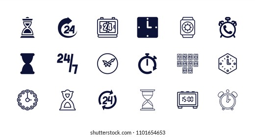 Hour icon. collection of 18 hour filled and outline icons such as alarm, hourglass, wall clock, stopwatch, wrist watch with sun. editable hour icons for web and mobile.