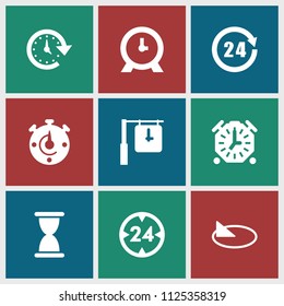Hour icon. collection of 9 hour filled icons such as clock, 24 hours, time, sundial. editable hour icons for web and mobile.