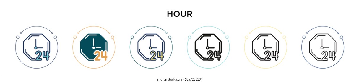 Stündsymbol in voller, dünner Linie, Umriss- und Strichstil. Vektorgrafik von zwei farbigen und schwarzen Vektorgrafiken-Designs kann für mobile, iPhone-, web-basierte