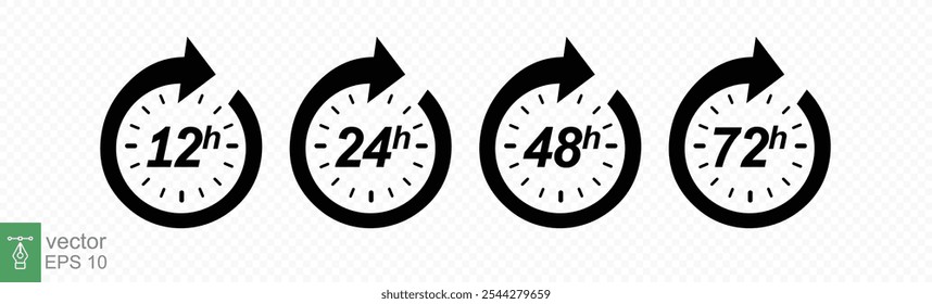 Hour icon set. 12, 24, 48 and 72 hours clock arrow. Fast delivery, timer with circle arrow. Vector work time effect or delivery service time icons. EPS 10.