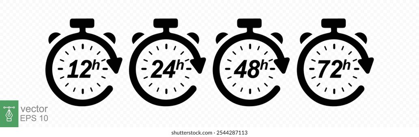 Hour icon set. 12, 24, 48 and 72 hours clock arrow. Fast delivery, timer with circle arrow. Vector work time effect or delivery service time icons. EPS 10.