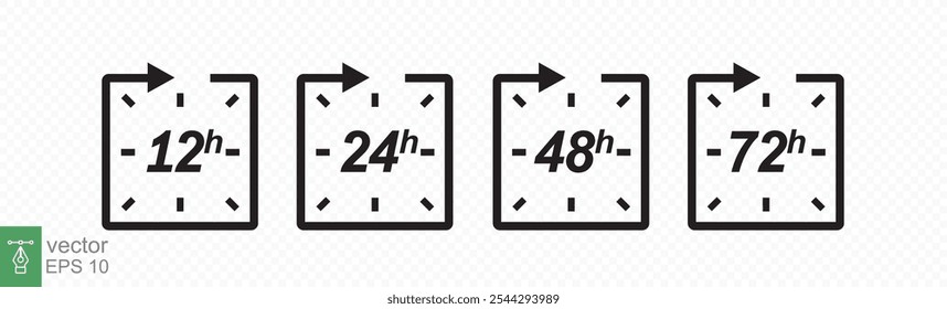 Hour icon set. 12, 24, 48 and 72 hours clock arrow. Fast delivery, timer with circle arrow. Vector work time effect or delivery service time icons. EPS 10.