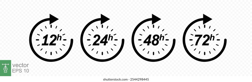 Su conjunto de iconos. Flecha de reloj de 12, 24, 48 y 72 horas. Entrega rápida, temporizador con flecha circular. Vector efecto de tiempo de trabajo o iconos de tiempo de servicio de entrega. EPS 10.