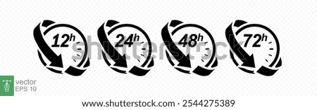 Hour icon set. 12, 24, 48 and 72 hours clock arrow. Fast delivery, timer with circle arrow. Vector work time effect or delivery service time icons. EPS 10.