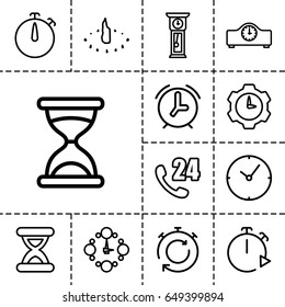 Hour icon. set of 13 outline hour icons such as hourglass, wall clock, sundial, pendulum, clock, gear clock, alarm, stopwatch