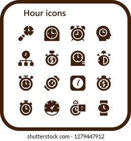  hour icon set. 16 filled hour icons. Simple modern icons about  - Clocks, Clock, Alarma clock, Time, Stopwatch, Stop watch, Timer, Watch, Stopclock, Wristwatch