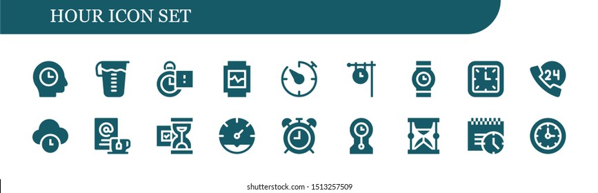 hour icon set. 18 filled hour icons.  Collection Of - Time, Measuring glass, Stopclock, Watch, Timer, Clock, Wristwatch, Wall clock, 24h, Wait, Hourglass, Alarma clock, Clocks icons