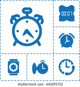 Hour icon. set of 6 hour filled icons such as alarm, wrist watch with sun, stopwatch