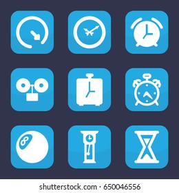 Hour icon. set of 9 filled hour icons such as alarm, hourglass, wall clock, pendulum