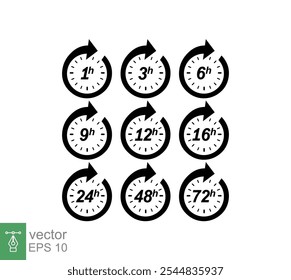 Hour icon set. Clock arrow 1, 3, 6, 9, 12, 16, 24, 48, 72 hours. Set of delivery service time symbol sign. Vector illustration isolated on white background. EPS 10.