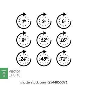 Hour icon set. Clock arrow 1, 3, 6, 9, 12, 16, 24, 48, 72 hours. Set of delivery service time symbol sign. Vector illustration isolated on white background. EPS 10.