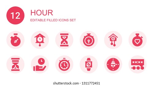 hour icon set. Collection of 12 filled hour icons included Chronometer, Cuckoo clock, Sandclock, Hourglass, Time, Timer, Wristwatch, Clock, Stopwatch, Deadline