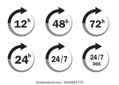 Conjunto de iconos de hora aislado sobre fondo blanco.  Signo de flecha de reloj de 12, 24, 48 y 72 horas. Horas de trabajo, servicio de entrega, orden, negocio, conjunto de iconos de Vector. Ilustración vectorial. 