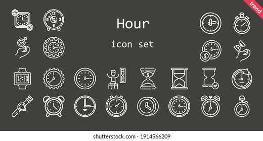 conjunto de iconos de hora. estilo de icono de línea. iconos relacionados con la hora, como reloj despertador, temporizador, cronómetro, reloj, reloj, reloj, reloj de pared, reloj, hora, cronómetro