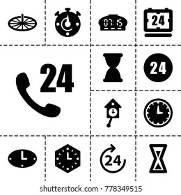 Hour icons. set of 13 editable filled hour icons such as 24 hours, 24 hours support, wall clock, sundial, hourglass, pendulum, clock, digital clock