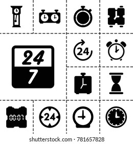 Hour icons. set of 13 editable filled hour icons such as 24 hours, hourglass, wall clock, pendulum, clock, alarm, digital clock