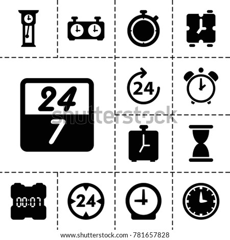Hour icons. set of 13 editable filled hour icons such as 24 hours, hourglass, wall clock, pendulum, clock, alarm, digital clock