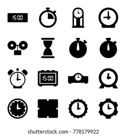 Hour icons. set of 16 editable filled hour icons such as clock, hourglass, stopwatch, wall clock, sundial, pendulum