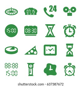 Hour icons set. set of 16 hour filled icons such as alarm, hourglass, wall clock, digital time, sundial, pendulum, digital clock, 24 hours support