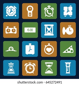 Hour icons set. set of 16 hour filled icons such as alarm, hourglass, stopwatch, sundial, pendulum, clock