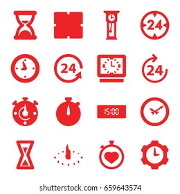 Hour icons set. set of 16 hour filled icons such as 24 hours, clock, stopwatch, 24 support, wall clock, sundial, 24 hour, hourglass