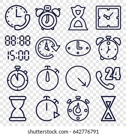 Hour icons set. set of 16 hour outline icons such as clock, hourglass, time, wall clock, digital time, alarm, stopwatch, 24 hours support