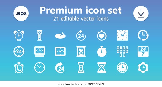 Hour icons. set of 21 editable filled hour icons includes 24 hours, alarm, clock, stopwatch, hourglass, wall clock, sundial