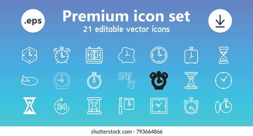 Hour icons. set of 21 editable outline hour icons includes hourglass, 24 hours, alarm, clock, stopwatch, wall clock, sundial, 24 hours support