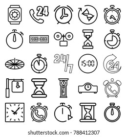 Hour icons. set of 25 editable outline hour icons such as alarm, 24 hours support, stopwatch, sundial, wrist watch with sun, hourglass, pendulum, clock, digital clock