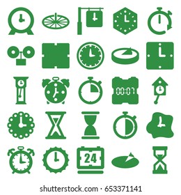 Hour icons set. set of 25 hour filled icons such as clock, hourglass, wall clock, sundial, pendulum, alarm, stopwatch